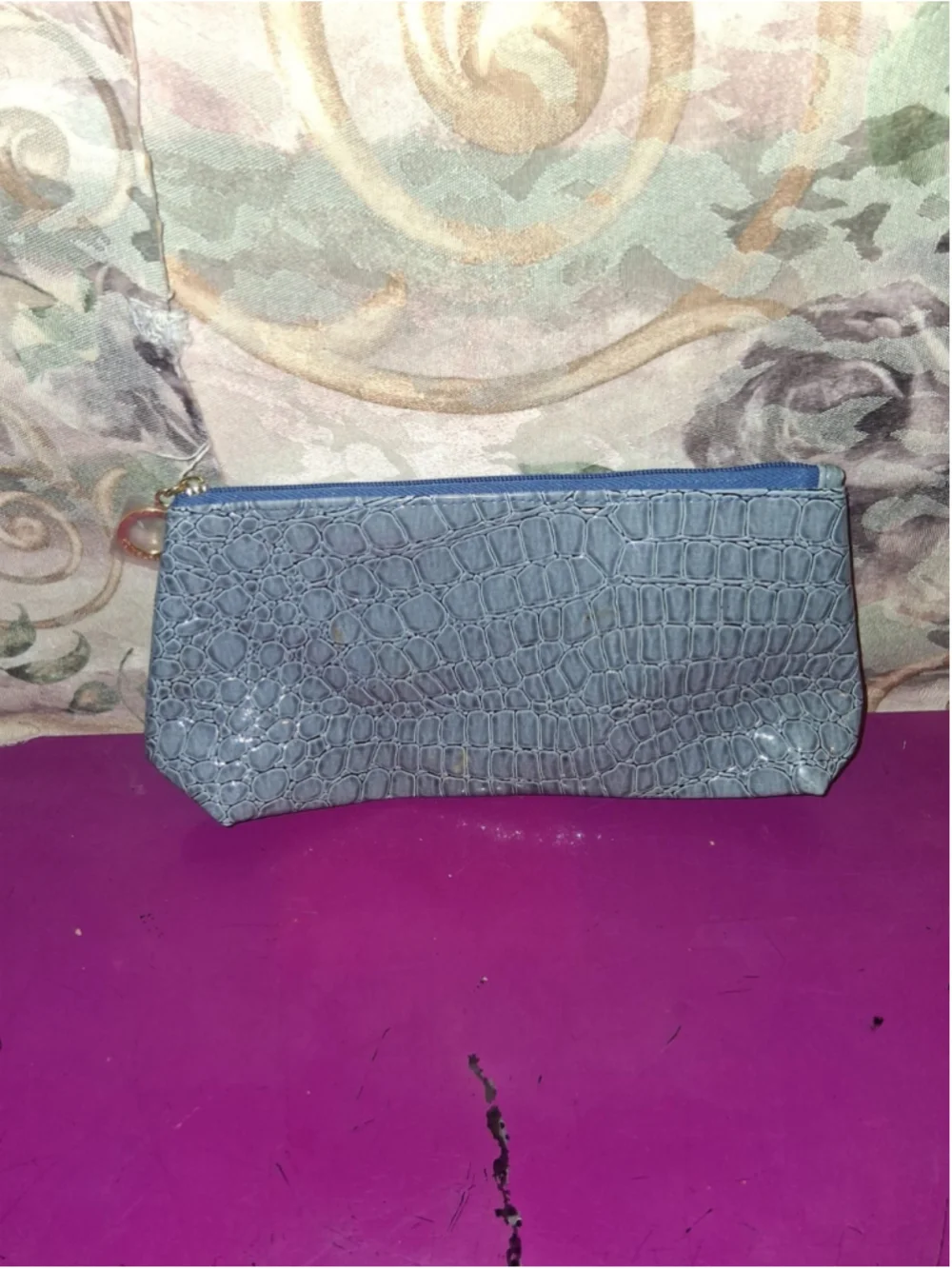 New Blue Croc-Embossed Faux Leather Makeup Bag with Zipper and Gold Ring Pull